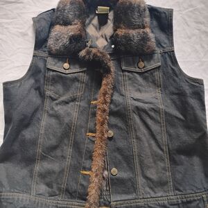 St Johns Bay Vintage Womens Size L Denim Vest Faux Fur Trim